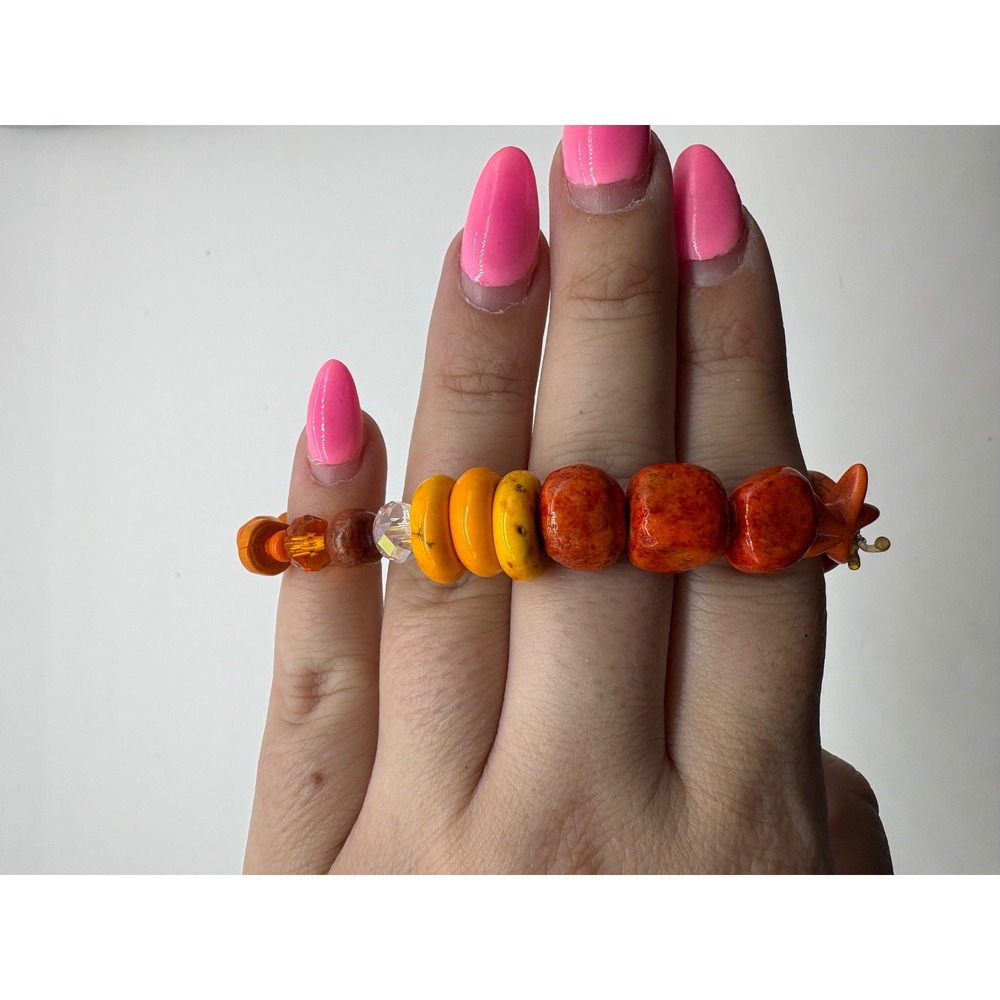 Orange Chunky Beaded Stretch Bracelet Cross Heart Stone Glass Mixed Media